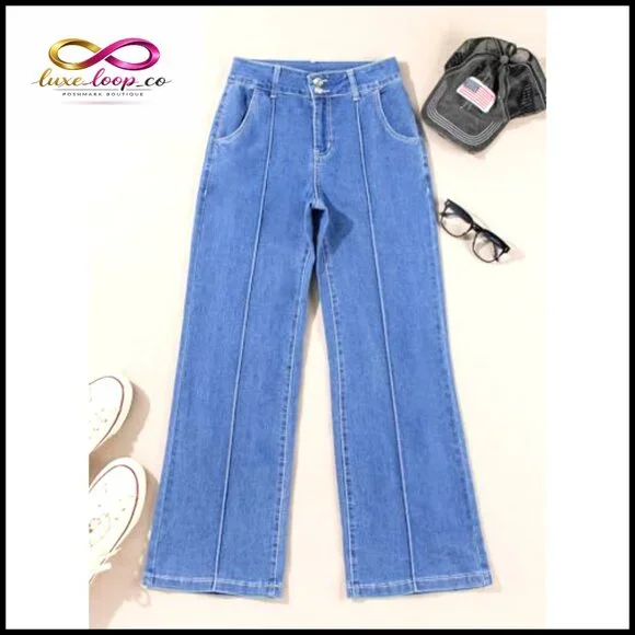 Wide Leg High Waisted Stretch Denim Jeans Casual Baggy Fit Pants